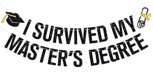 I Survived My Masters Degree Banner Happy Masters Degree Party Decor Mastered It Class of 2026 Congrats Masters College Graduation Party Decorations Supplies Black Glitter