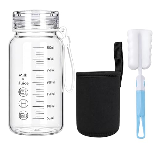 Image of GYTFOG Glass Water Bottle, 350ml Water Bottle, Glass Water Bottle with Measurements, Clear Water Bottle with Insulated Sleeve,with Cleaning Cup Brush,Microwave Safe Travel Coffee Cup
