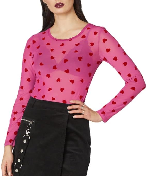 Sheer Mesh Long Sleeve Layering Tops for Women Crew Neck Heart Lace Blouse Sexy See Through Going Out Shirts