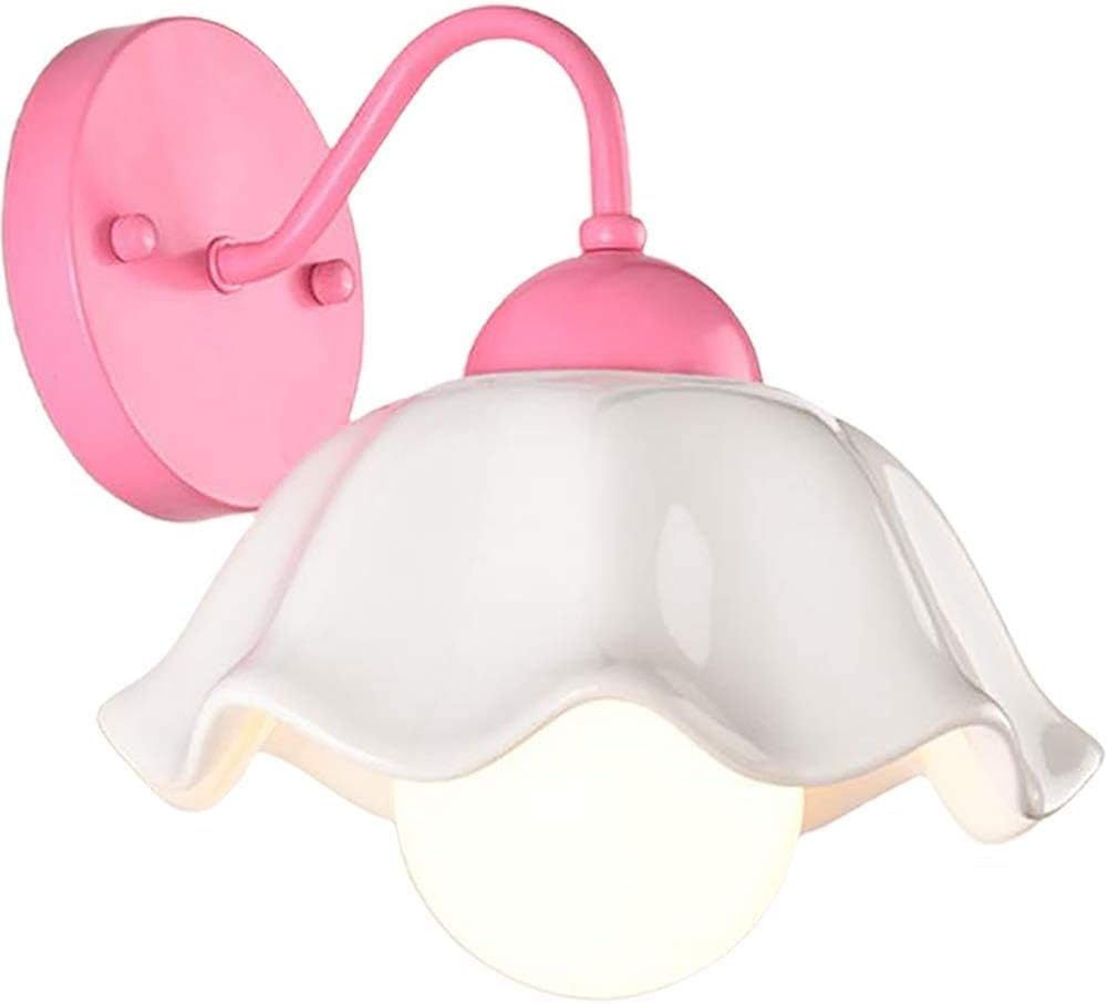 AWEITG Nordic Classic White Glass Wall Sconce - Rustic Flower Design Ceramic Lamp for Bedroom and Living Room, French Country Style(Pink)