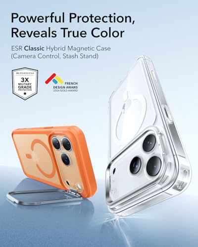 Image of ESR for iPhone 17 Pro Case with Stash Stand, Camera Control Cover Compatible with MagSafe, Military-Grade Drop Protection Magnetic Phone Case, Scratch-Resistant Back Cover, Frosted Orange