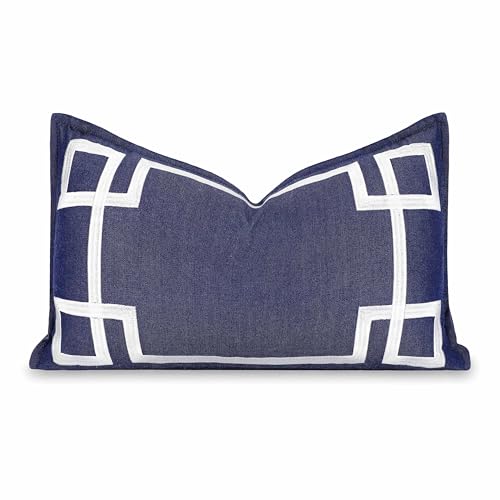 Hofdeco Premium Coastal Hampton Outdoor Performance Lumbar Pillow Cover Only, 12"x20" Water Repellent, UV and Fade Resistant for Backyard, Couch, Poolside, Indigo Blue Embroidered Frame Greek Key