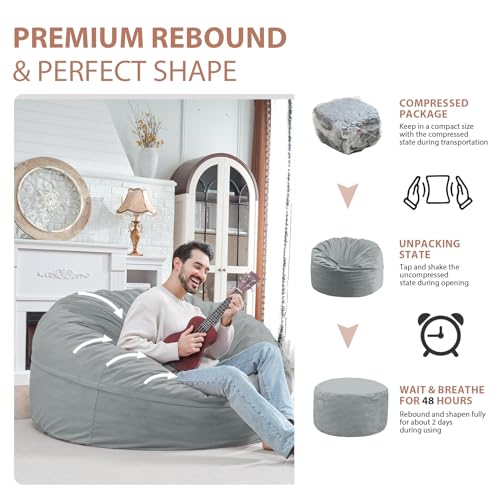 5FT Bean Bag Chair, Large Bean Bag Chairs with Memory Foam Filled, Fluffy Beanbag Sofa with Dutch Velvet Cover, Round BeanBag Chairs for Living Room, Playroom - Light Grey
