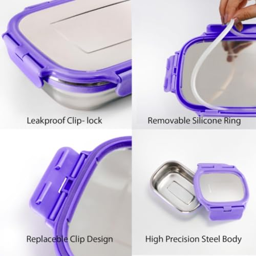 Image of Mumma's LIFE Stainless Steel Lunch Box with 3 Leakproof Air-Tight Stainless Steel Round Containers and Cover Bag | Stainless Steel & Spill Proof Lunch Box (Kiddy 230ml + 820ml)