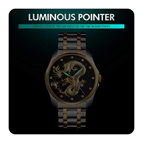 Image of Men Luxury Gold Chinese Dragon Carved Dial Diamond Quartz Watch Casual Waterproof Sport Stainless Steel Wristwatch