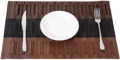Placemats with Table Runner Set Heat Resistant, Non Slip Mats,Crossweave Woven Vinyl Kitchen Tablemats for Dining Table, Parties, Farmhouse, Thanksgiving, Christmas & Gathering(Brown & Black)