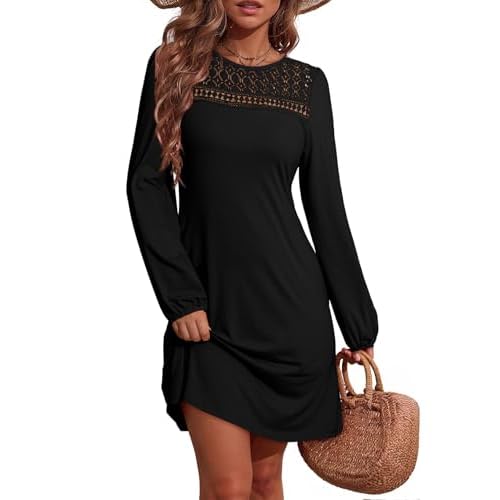 Dokotoo Dresses for Women Crew Neck Long Sleeve A Line Shift Dress Solid Color Loose Fit Mini Dress
