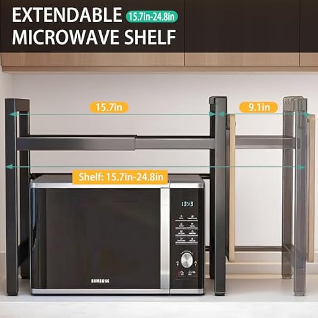 Adjustable Microwave Oven Rack, Microwave Stand Shelf Heavy Duty 2-Tier Shelf with Cutting Boards Stand Knife Rack and Chopstick Holder for Kitchen Shelves Counter Top Organizer, Holds 55lbs,6 Hooks