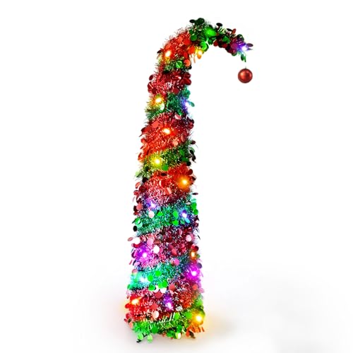 1.5メートルの傾きクリスマスツリー 曲線デザインの風人工 5メートルのカラーLEDライトストリングと赤いボール装飾付き、2種類の照明モード、人工松の木に円形のラメ装飾、クリスマス装飾品 (レッド + グリーン)