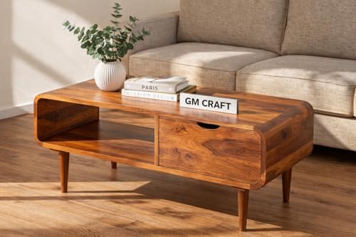 Image of Sheeshsam Wooden Center Coffee Table with Drawer & Shelf - Solid Wooden Coffee Table for Living Room - Tea Table Teapoy Center Piece for Home Sofa Center Table for Living Room (Honey, Scott)