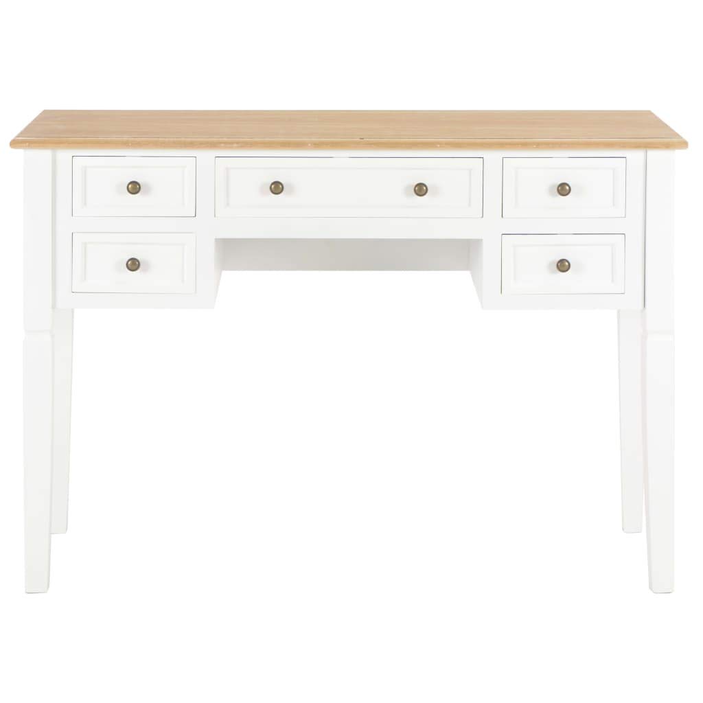 Escritorio blanco de MDF y madera de pino 109,5 x 45 x 77,5 cm con cinco cajones espaciosos para oficina, oficina en casa, con organizador para ordenador portátil, monitor y teclado