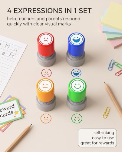 UXEWKL Lot de 4 Tampons Smiley pour Enseignants et Enfants, Tampon Auto-encreur de Motivation Scolaire pour Correction Facile des Devoirs, Appréciation des Élèves et Cadeau – vue 3
