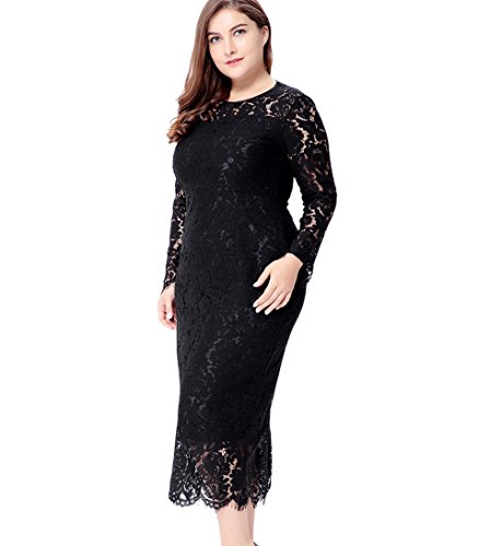 Eternatastic Women's Floral Lace Long Sleeve Plus Size Lace Dress Black 3XL