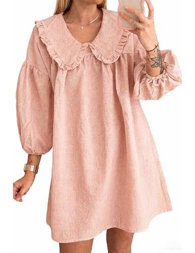 Image of Ynhonra Women's Gingham Mini Dress 3 /4 Puff Sleeve Babydoll Doll Collar