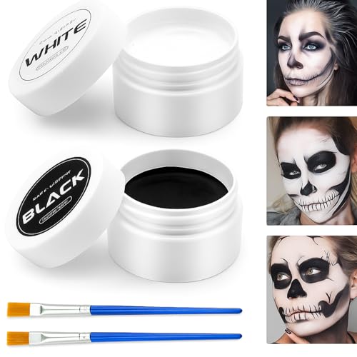 Halloween Cosplay SFX Makeup Black + White Face Body Paint Black + White Face Body Paint Set for Adults Non Toxic White Face Paint Kit Full Coverage Easy to Apply & Washable
