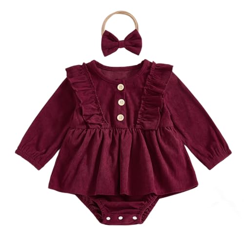 Karuedoo Newborn Infant Baby Girl Christmas Outfit Corduroy Ruffle Long Sleeve Romper Dress Tutu Jumpsuit with Headband (Wine Red 3-6 Months)