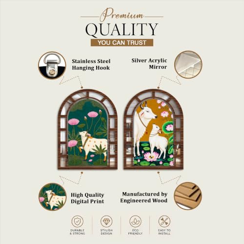 Image of Artvibes Pichwai Jharokha Mirror | Traditional Wall Hanging Decoration Item for Living Room, Hall & Bedroom | Gift for Festival (WH 12001N), Set of 2