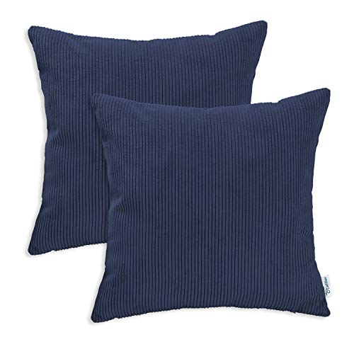 CaliTime Throw Pillow Covers Pack of 2 Ultra Soft Solid Color Corduroy Striped Decorative Cushion Cases for Couch Bed Sofa 18 X 18 Inches Navy Blue