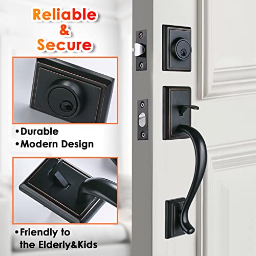 Hisafe Front Door Handle Double Door Handle Set With 2 Keyed-Alike Single Cylinder Deadbolt & Lever, Solid Exterior Door Handle, Oil Rubbed Bronze Finish, Reversible,X-201310B-Set #TOP2