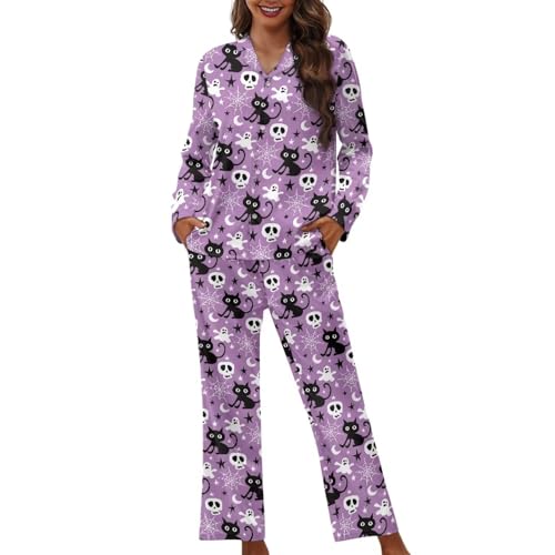 Pyjama chat noir femme en coton respirant à manches longues taille XS