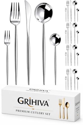 Image of 25 Pcs Silver Cutlery Set for Dining Table the Perfect Lightweight Silim Handle Tableware Including Dinner Spoon, Dinner Fork, Dinner Knife, Dessert Spoon & Dessert Fork