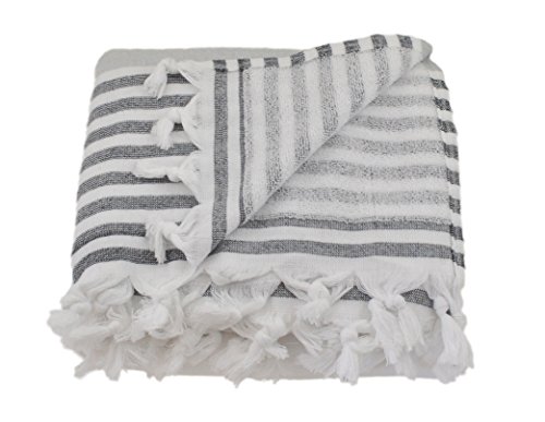 Infusezen Oversized Turkish Towel, Soft Terry Cloth Back, Turkish Bath Towel, Beach Towel, Extra Large Peshtemal Bath Sheet For Plus Size, Nautical Style Thin Hammam Towel, Cotton Fouta (Grey Black) #TOP3