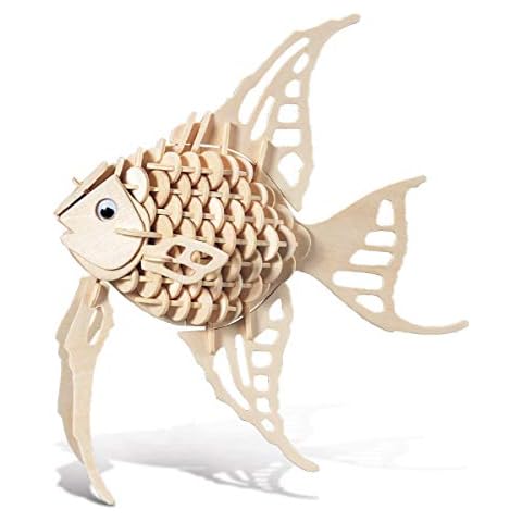 Puzzled 3D Puzzle Angel Fish Wood Craft Construction Model Kit, Fun Unique & Educational DIY Wooden Toy Assemble Model Unfinished Crafting Hobby Puzzle to Build & Paint for Decoration 130 Pieces Pack Cover