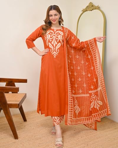 Image of GoSriKi Kurta Sets for Women Viscose Printed | Kurta Pant Dupatta Set | Straight Kurti Set for Women | Round Neck V-Slit 3 /4 Sleeve Ethnic Suit | Designer Indian Kurti Outfit with Pants