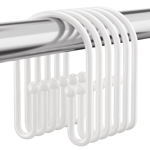 Bathway White Shower Curtain Hooks 12Pcs Non-Slip Plastic Shower Hooks for Shower Curtain Large Double Hook Shower Curtain Hooks Rust Proof Shower Curtain Rings