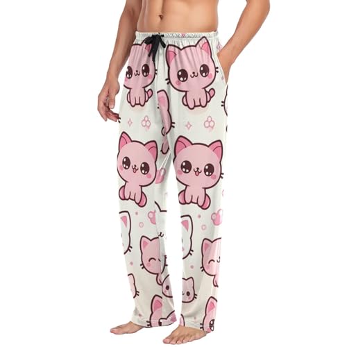 Men's Pajama Pants Cats Pink White Sleep Pajama Lounge Pant with Pockets, Elastic Waistband4