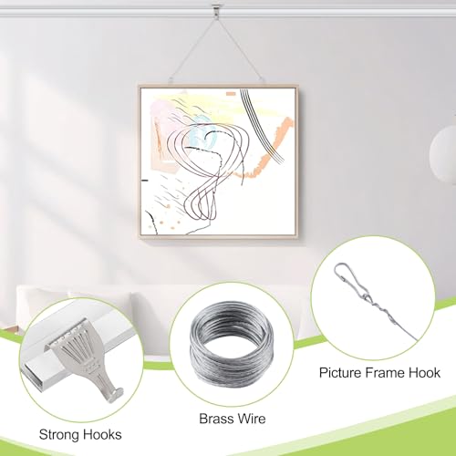 Image of Picture Hanging Kit 3Pcs Picture Rail Hooks & 3Pcs 3M Wires & 6Pcs Small Hooks, Metal Rail Hanging Hook Picture Display System for Wall Picture, Exhibition(Silver)
