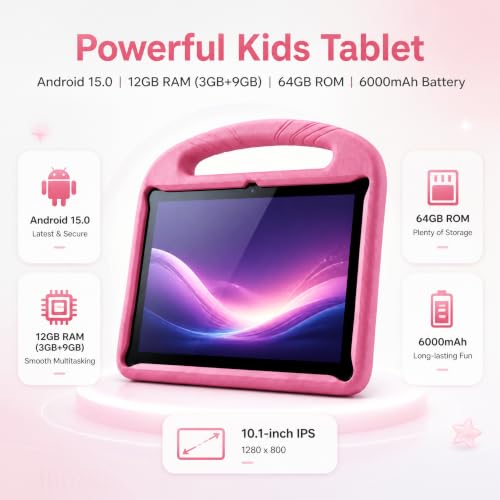 Image of Kids Tablet 10 inch,Android 15 Tablet with EVA Case(Rose Red)