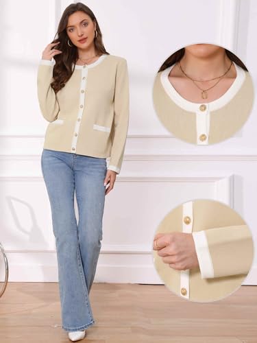Allegra K Knitted Cardigan for Women's Color Block Long Sleeve Lightweight Crew Neck Elegant Contrast Sweater Blouse Tops2