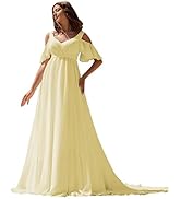 FEBUBETT Women's Chiffon Maternity Dress for Photoshoot V Neck Short Sleeve Bodycon Maxi Pregnanc...