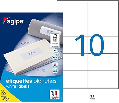 Apli Agipa – Boite Étiquettes Adhésives Blanches Multi–Usages Coins Droits – Certifié FSC – Anti-bourrage - 105 x 57 mm– 1000 Étiquettes 119013