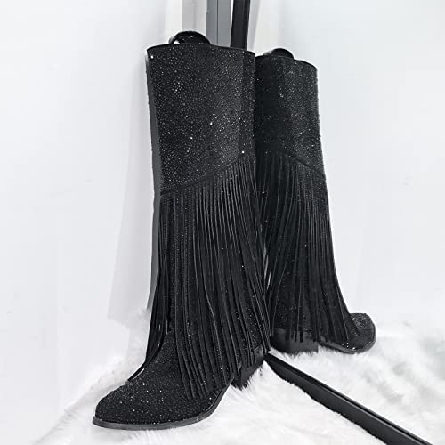 Richealnana Calf High Knee High Boots for Women Sparkle Rhinestones Clear Gems Shining Comfortable Tabs Pull-On Boots Fringe Tassel4