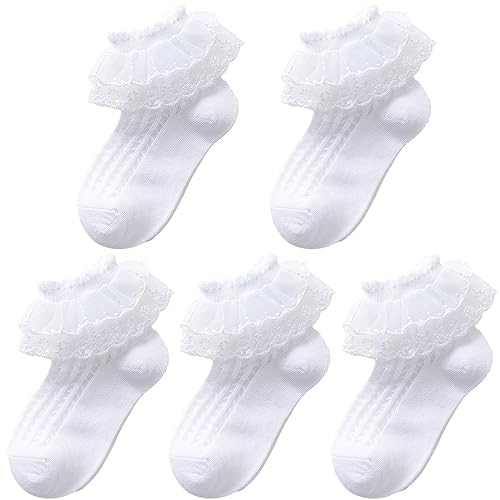 5 Packs Toddler Girls Ruffle Lace Trim Cotton Socks Eyelet Frilly Princess Dress Socks for Little/Big Girls