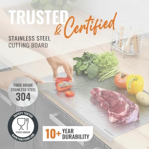 Image of Stainless Steel Chopping Board for Kitchen | Free Rollin Pin | Heavy Duty Chopping-Board | for Cutting Vegetable, Meat, Fruits | Durable | Non Slip | Rust Proof | Round Edge | Medium | 42 x 32 cm