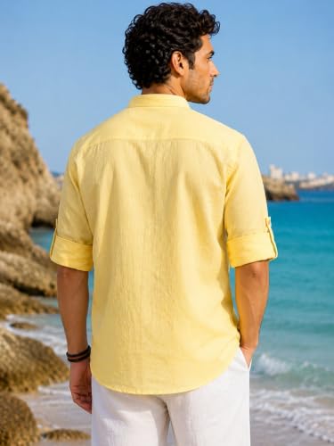 Image of Majestic Man Men's Pure Cotton Solid Mandarin Collar Slim Fit Roll-Up Sleeves Short Kurta Lightweight Summer Kurta for Daily & Occasion Use
