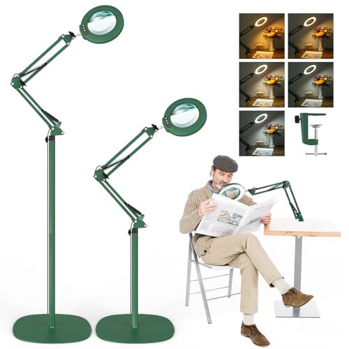 Image of 12X Magnifying Glass with Light and Stand, Real Glass Lens (Not Acrylic), 5 Color Modes, Stepless Dimmable, LED 3-in-1 Floor Lamp, Swing Arm with Clamp, Lighted Magnifier Hands Free for Crafts - Green