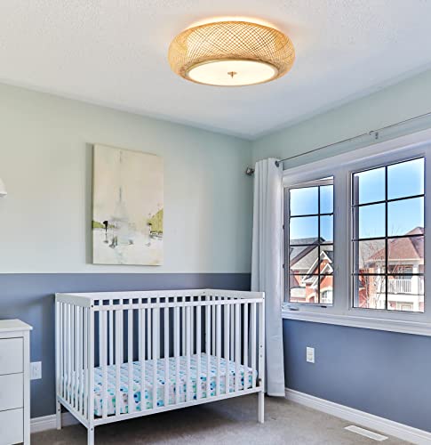 Bamboo Flush Mount Ceiling Light Handwoven Rattan Light Fixture, 3 Lights Boho Ceiling Lamp for Bedroom, Entryway, Foyer (15-inch)