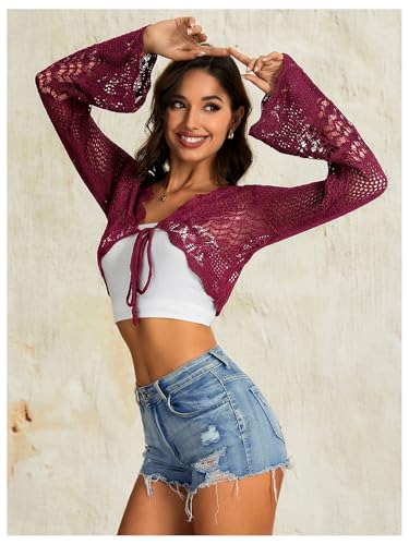 Image of OYOANGLE Women's Crochet Tie Front Sweater Cardigans Bell Sleeve Knitted Cropped Bolero Shrug Cardigan
