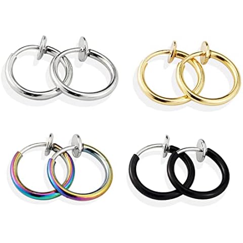 EUJEBEDA 4 Pairs (8 PCS) Stainless Steel Non-piercing Ear Cuff Spring Clip Fake Nose Ring Tragus Cartilage Earring Cover