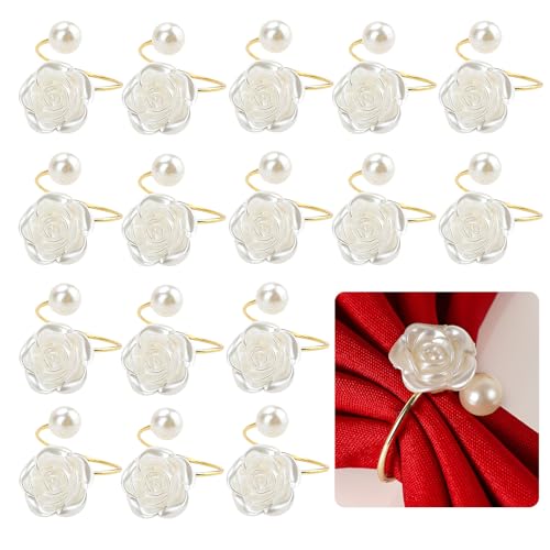 SITAKEGS Anneaux de serviette de Noël avec perles, lot de 16 pièces, anneaux de serviette en forme de rose de Noël, boucles de serviette pour dîner,...