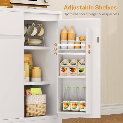 Image of TEENFON Pantry Cabinet with Charging Station and LED Light, Kitchen Pantry Cabinet with Microwave Stand, Kitchen Storage Cabinets with Adjustable Shelves and Door Shelves for Dining Room, White