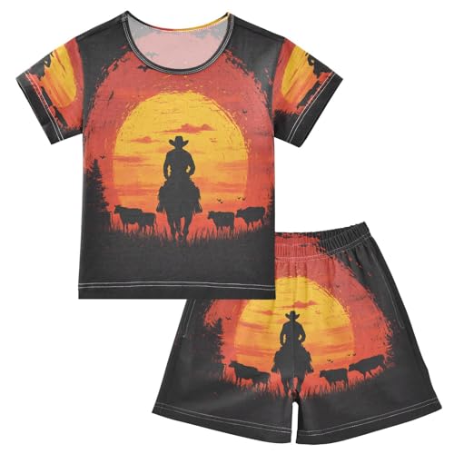 ALAZA Cowboy Herd Sunset Pajamas Set Short Sleeve Cotton Sleepwear Summer Pjs 2 Piece 5-14Y