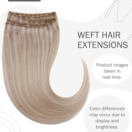 Hetto Weft Hair Extensions Real Human Hair Ash Blonde Highlights Light Blonde - Image 2