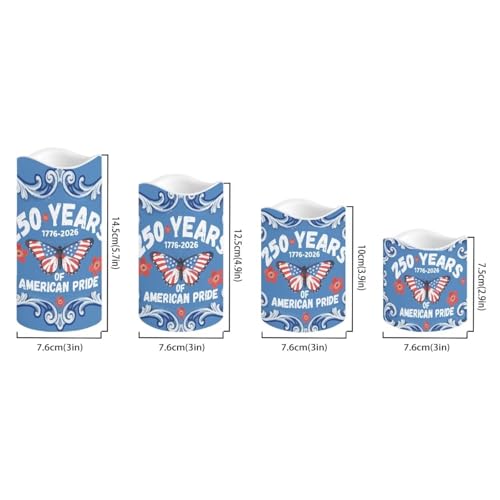 Image of 1776-2026 LED Candles 250th Anniversary Butterfly Pattern Battery Operated Flickering with Timer 4th of July American Pride Decor for Independence Day Living Room, 4 Pack