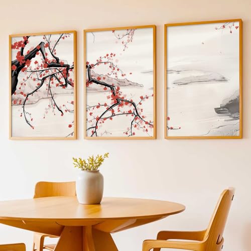 Image of kotart Big Aesthetic Cherry Blossom Tree Wall Framed Posters | Japanese Nature Art Framed Poster for Living Room Bedroom Wall Decor Set Of 3 (14x20 Inch)