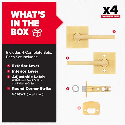Image of Kwikset Halifax Interior Square Passage Door Handle, Lever for Closet and Hallway Doors, Reversible Non-Locking Handle Lever, Satin Brass 4 Pack